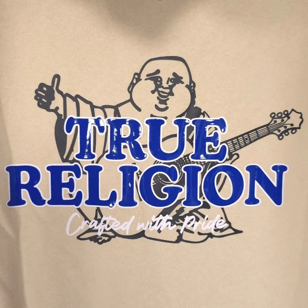 TRUE RELIGION Men's New MEDIUM Full Zip Hoodie Fog Beige Buddha Guitar 701400